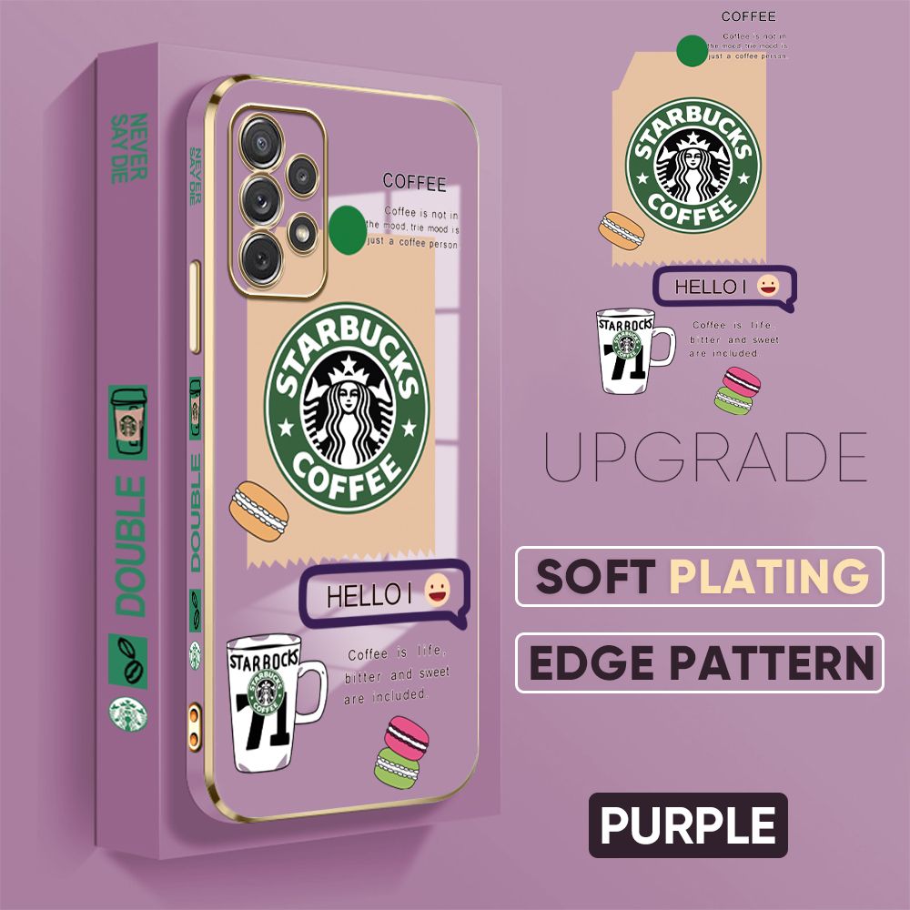 Jizetin (Free Lanyard) Samsung A72 / A72 5G Back Cover Two Coffee Macaron Luxury 6D Plating Case Side Pattern Soft Silicone Square Mobile Phone Cases