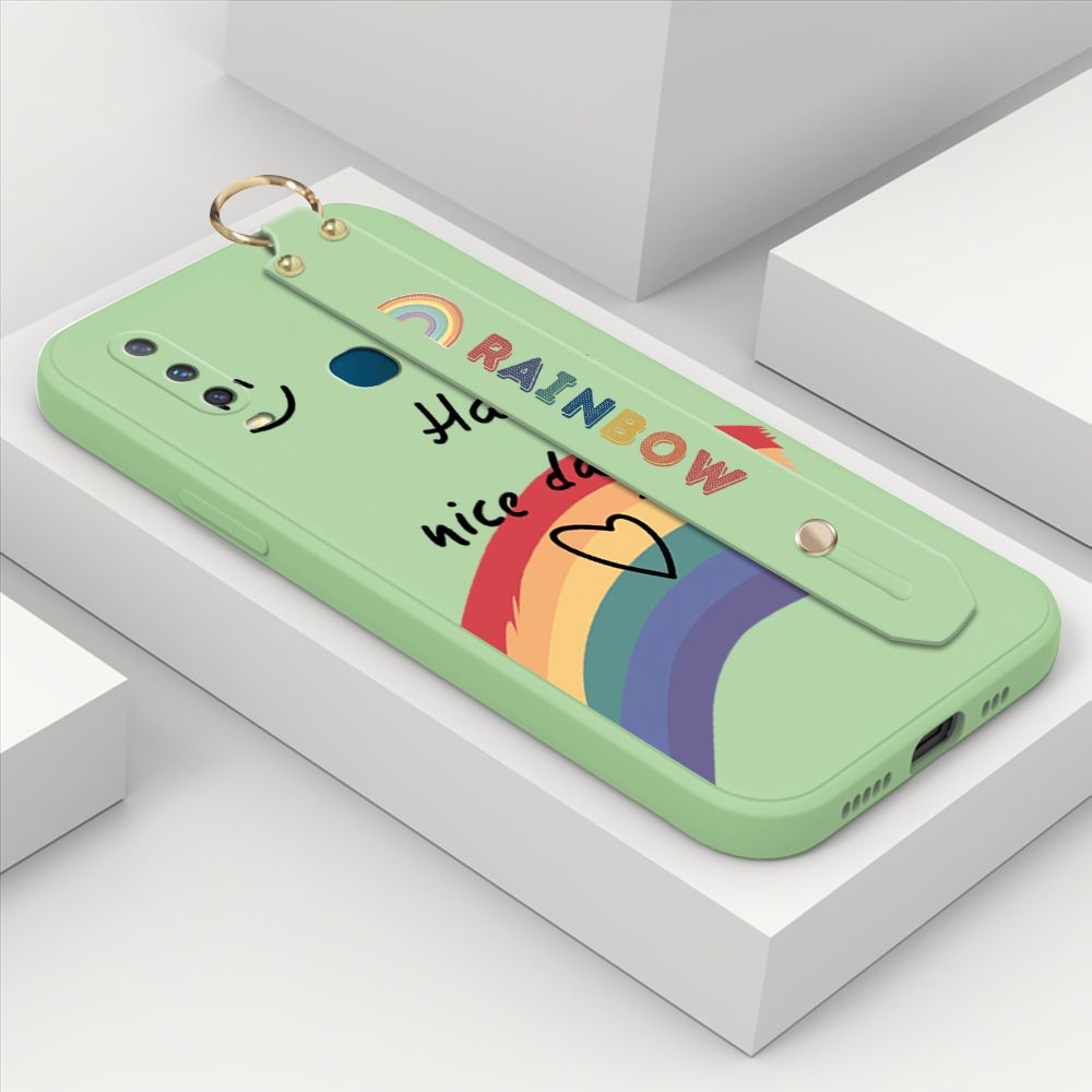 ZeroQiQi for Vivo Y15 Wrist Strap Case Lovely Graffiti Rainbow Smile Thin Phone Cover Square Edge Liquid Silicone Creativity Phone Case