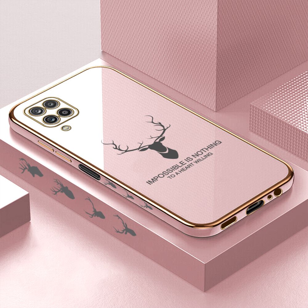 Luxury 6D Plating Case for Samsung A12 Alphabet Lucky Deer Side Pattern Back Cover Soft Silicone Square Frame Shiny Bling Phone Cases + Free Lanyard
