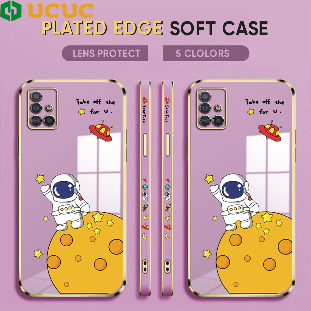 UCUC for Samsung Galaxy A51 Cover Astronaut Planet Luxury 6D Plating Soft Casing Silicone Square Frame Phone Case Shiny Bling Back Cover + Free Lanyard
