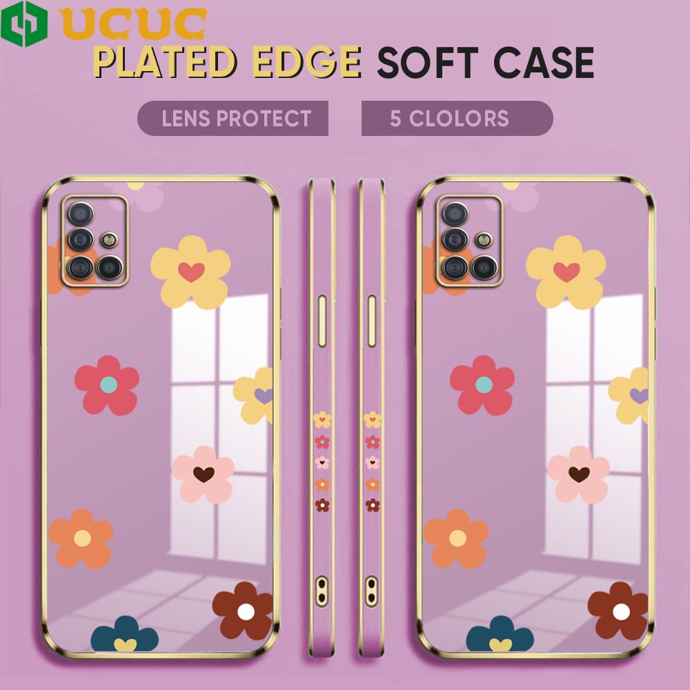 UCUC for Samsung Galaxy A51 Back Cover + Free Lanyard INS Style Flower Luxury 6D Plating Case Side Pattern Soft Silicone Square Phone Cases