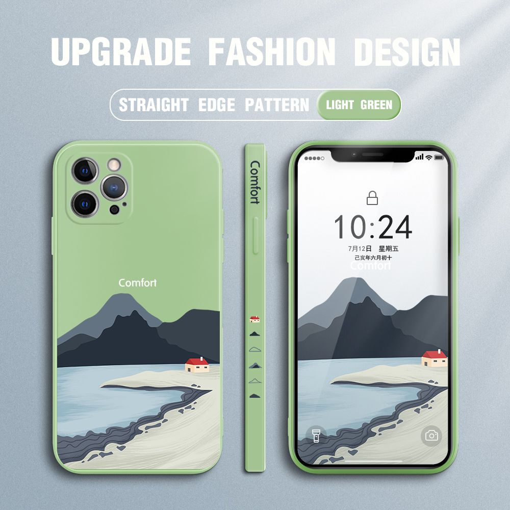 Jizetin for iPhone 12 Pro Max Case Mount Fuji Design Side Design Phone Case Square Edge Pattern Liquid Silicone Cases Full Cover Camera Shockproof Protective Case
