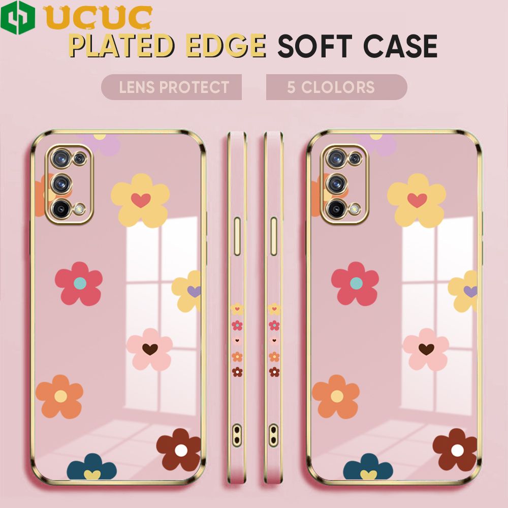 UCUC for Realme X7 Back Cover + Free Lanyard INS Style Flower Luxury 6D Plating Case Side Pattern Soft Silicone Square Phone Cases