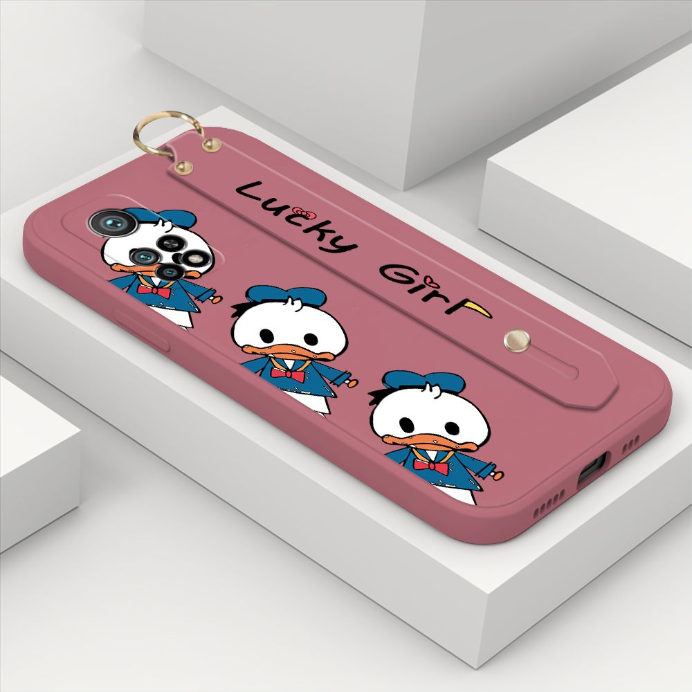 ZeroQiQi for Xiaomi Mi 10T Wrist Strap Case Cute Cartoon Little Duck Phone Case Square Edge Liquid Silicone Case Full Cover Camera Shockproof Protective Cases