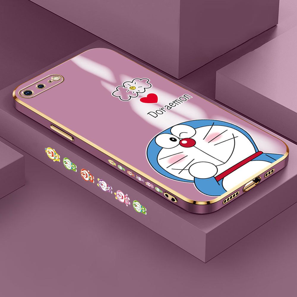 Hontinga for iPhone 7 Plus Back Cover + Free Lanyard Luxury 6D Plating Grinning Cartoon Cat Side Pattern Case Soft Silicone Square Mobile Cover