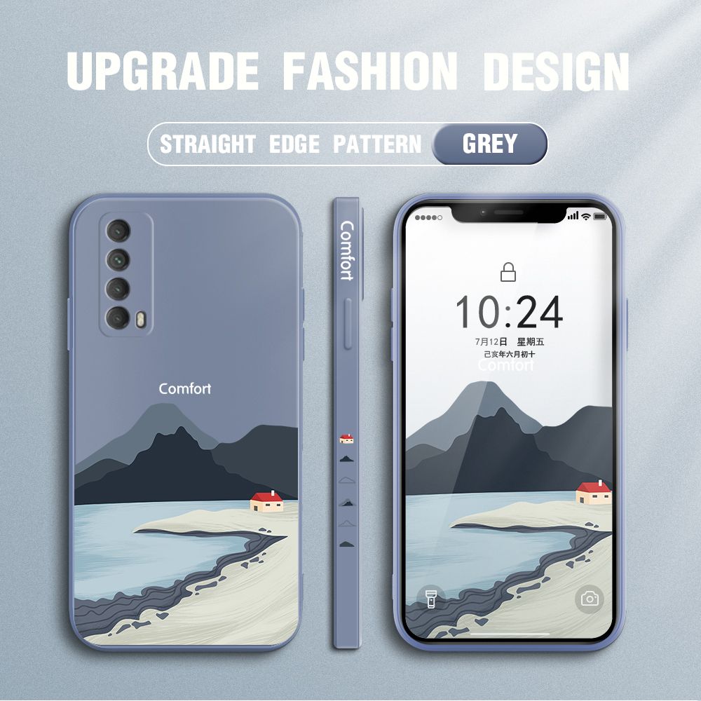 Jizetin for Huawei Y7A 2020 Case Mount Fuji Design Side Design Phone Case Square Edge Pattern Liquid Silicone Cases Full Cover Camera Shockproof Protective Case