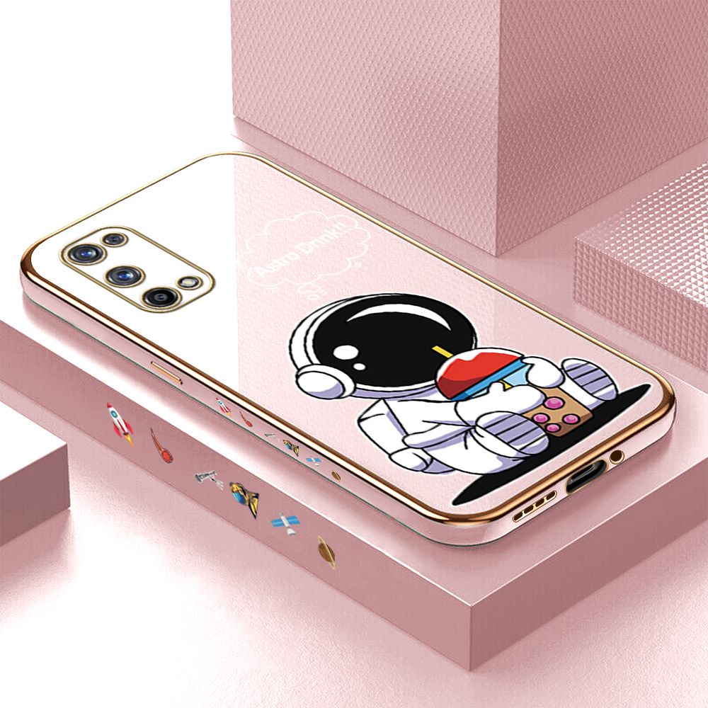 Luxury 6D Plating Case for Realme X7 Pro 5G Cute Cartoon Happy Astronaut Side Pattern Back Cover Soft Silicone Square Phone Cases + Free Lanyard