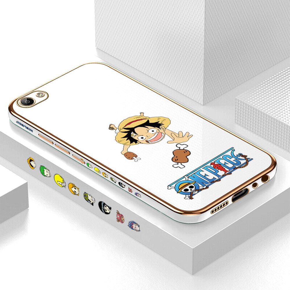 Luxury 6D Plating Case for Vivo V5 Gluttonous Cartoon Luffy Side Pattern Back Cover Soft Silicone Square Frame Shiny Bling Phone Cases + Free Lanyard