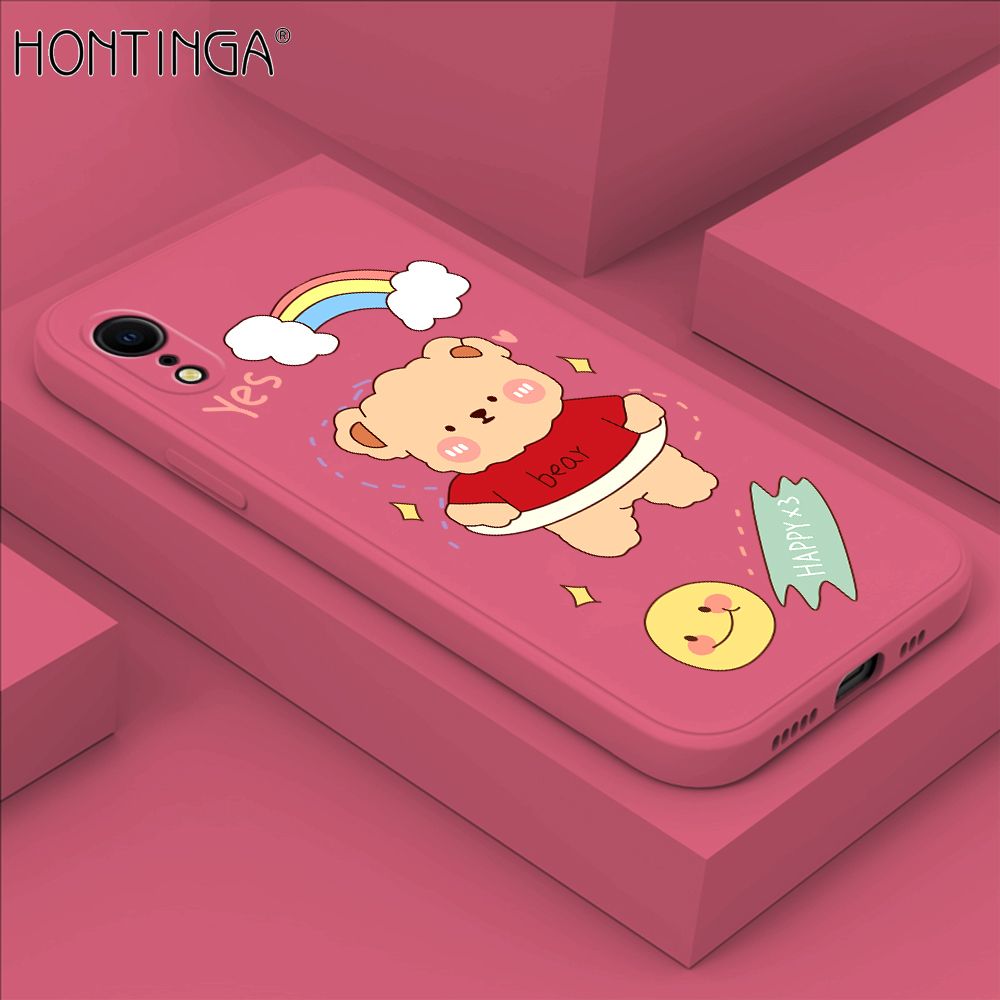 Hontinga for iPhone XR Case Lovely Cartoon Bear Phone Case Phone Case Soft Square Edge Silicone Cases Full Lens Cover Shockproof Protection Cover