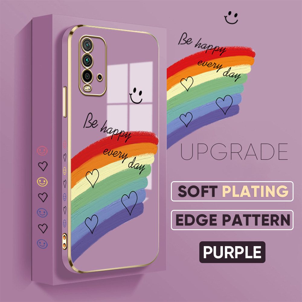 TA for Redmi 9 Power / Redmi 9T Back Cover + Free Lanyard Rainbow Doodle Luxury 6D Plating Case Side Pattern Soft Silicone Square Phone Cases