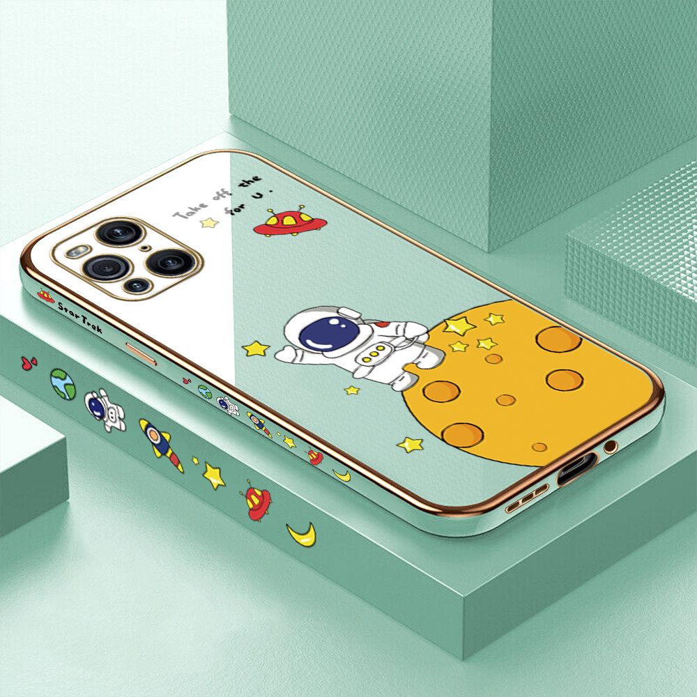 Luxury 6D Plating Case for OPPO Find X3 Pro Cute Cartoon Happy Astronaut Side Pattern Back Cover Soft Silicone Square Frame Shiny Bling Phone Cases + Free Lanyard