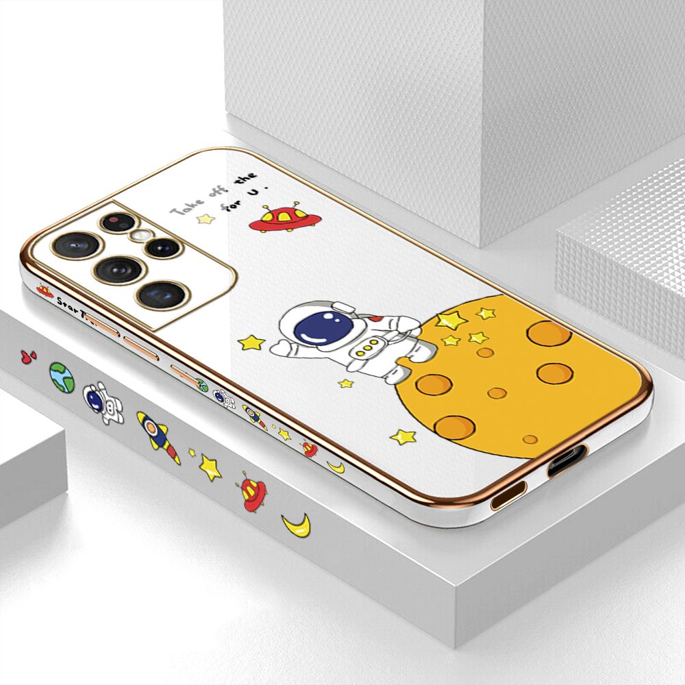 Luxury 6D Plating Case for Samsung S21 Ultra 5G Cute Cartoon Happy Astronaut Side Pattern Back Cover Soft Silicone Square Frame Shiny Bling Phone Cases + Free Lanyard