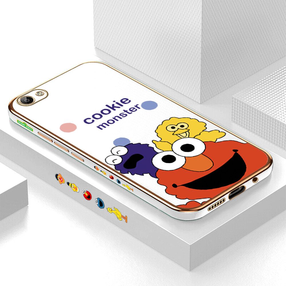 Luxury 6D Plating Case for Vivo Y66 Color Cute Cartoon Sesame Monsters Side Pattern Back Cover Soft Silicone Square Frame Shiny Bling Phone Cases + Free Lanyard