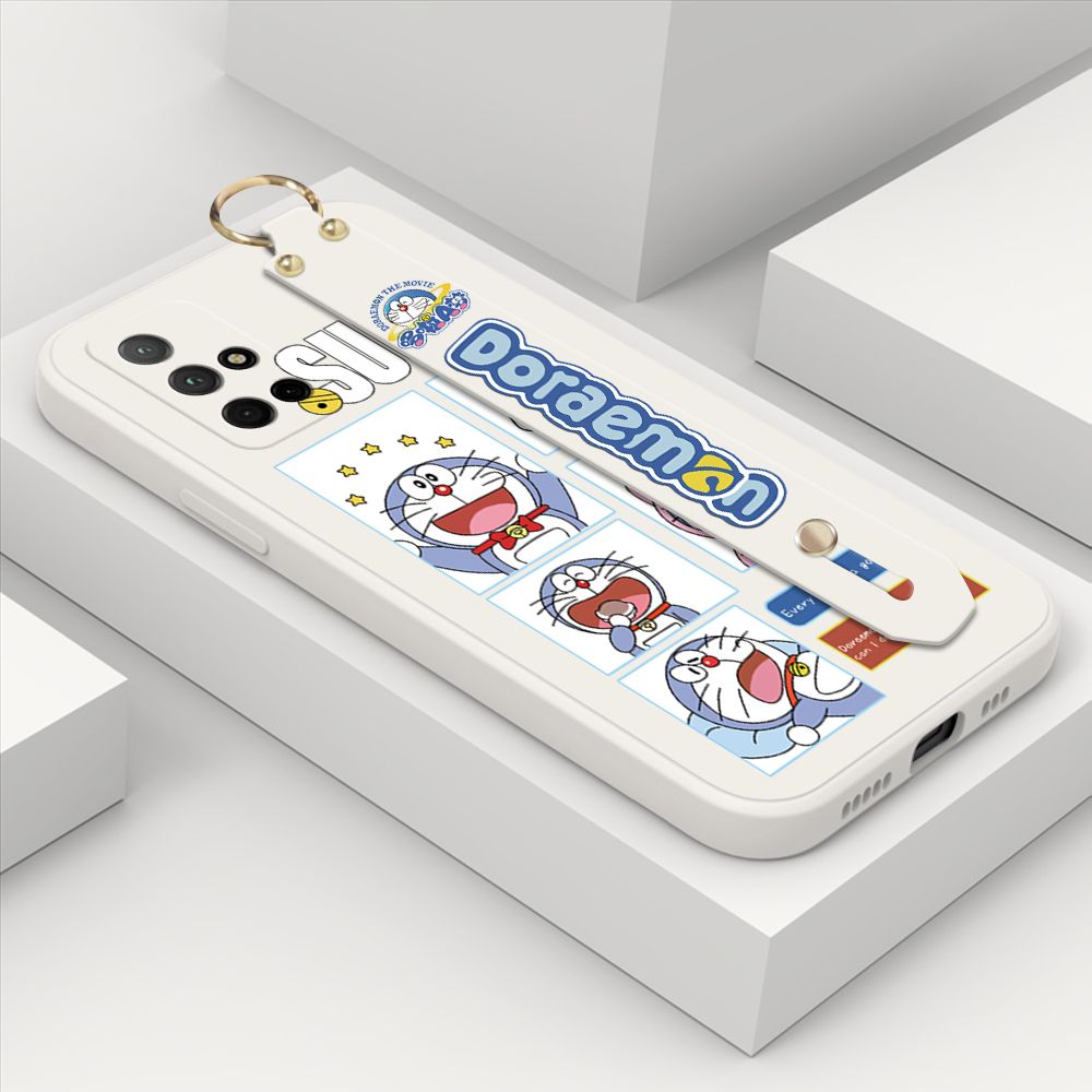 Hontinga for Honor 30S Wrist Strap Case Cute Cute Cartoon Blue Cat Daily Life Cover Square Edge Liquid Silicone Creative Phone Protective Cases