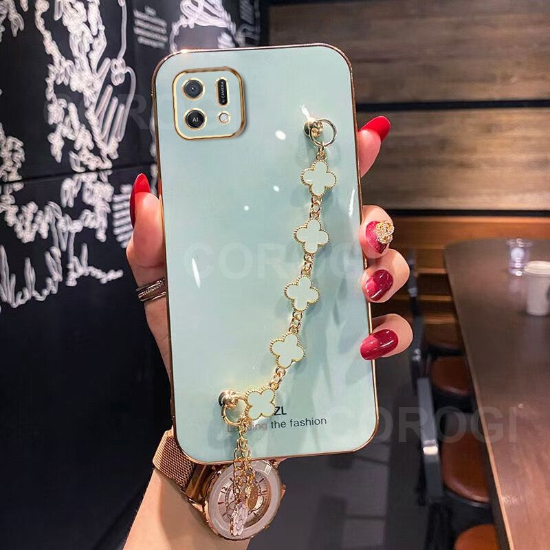 For OPPO A16k Back Cover with Lucky Clover Wristband Chain Fashion Bracelet Shiny Plating Square Edge Bumper Phone Case Soft Silicone Bumper Protective Cover