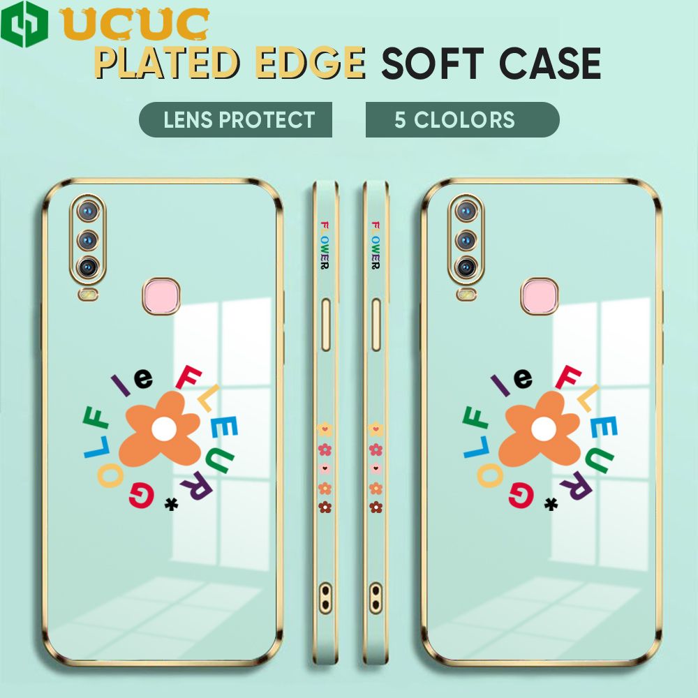 UCUC for Vivo Y17 Y15 Y12 Back Cover + Free Lanyard Colorful Flower Luxury 6D Plating Case Side Pattern Soft Silicone Square Phone Cases