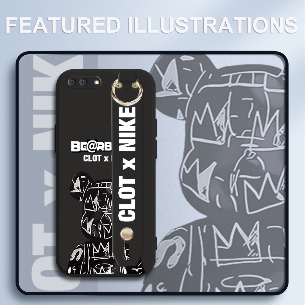 UCUC for Realme C1 Wrist Strap Case Creative Cartoon Black Stitching Bear Cover Ultra Thin Anti Fall Liquid Silicone Phone Case