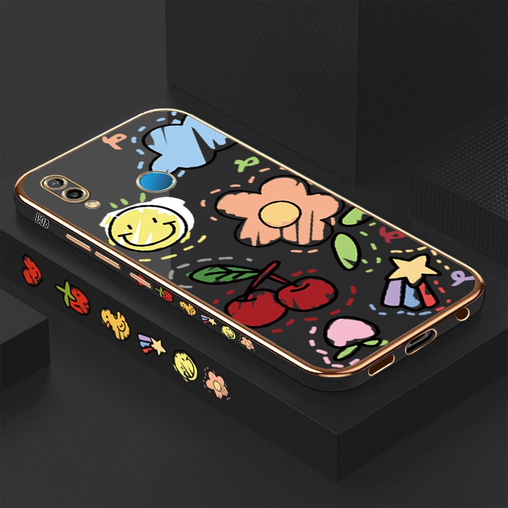 Luxury 6D Plating Case for Huawei Nova 3E Color Cartoon cherry Peach Side Pattern Back Cover Soft Silicone Square Frame Shiny Bling Phone Cases + Free Lanyard