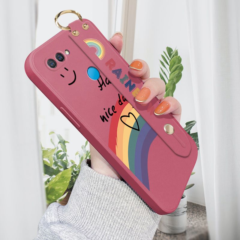 Jizetin for OPPO A12S Wrist Strap Case INS Style Smile Rainbow Cover Ultra Thin Anti Fall Liquid Silicone Phone Case