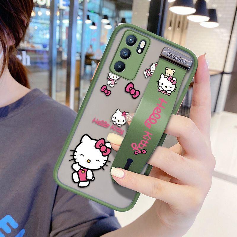 UCUC for OPPO Reno6 5G Wrist Strap Case Lovely KT Cat Wristband Printing Cover Shockproof Ultra Thin Phone Case