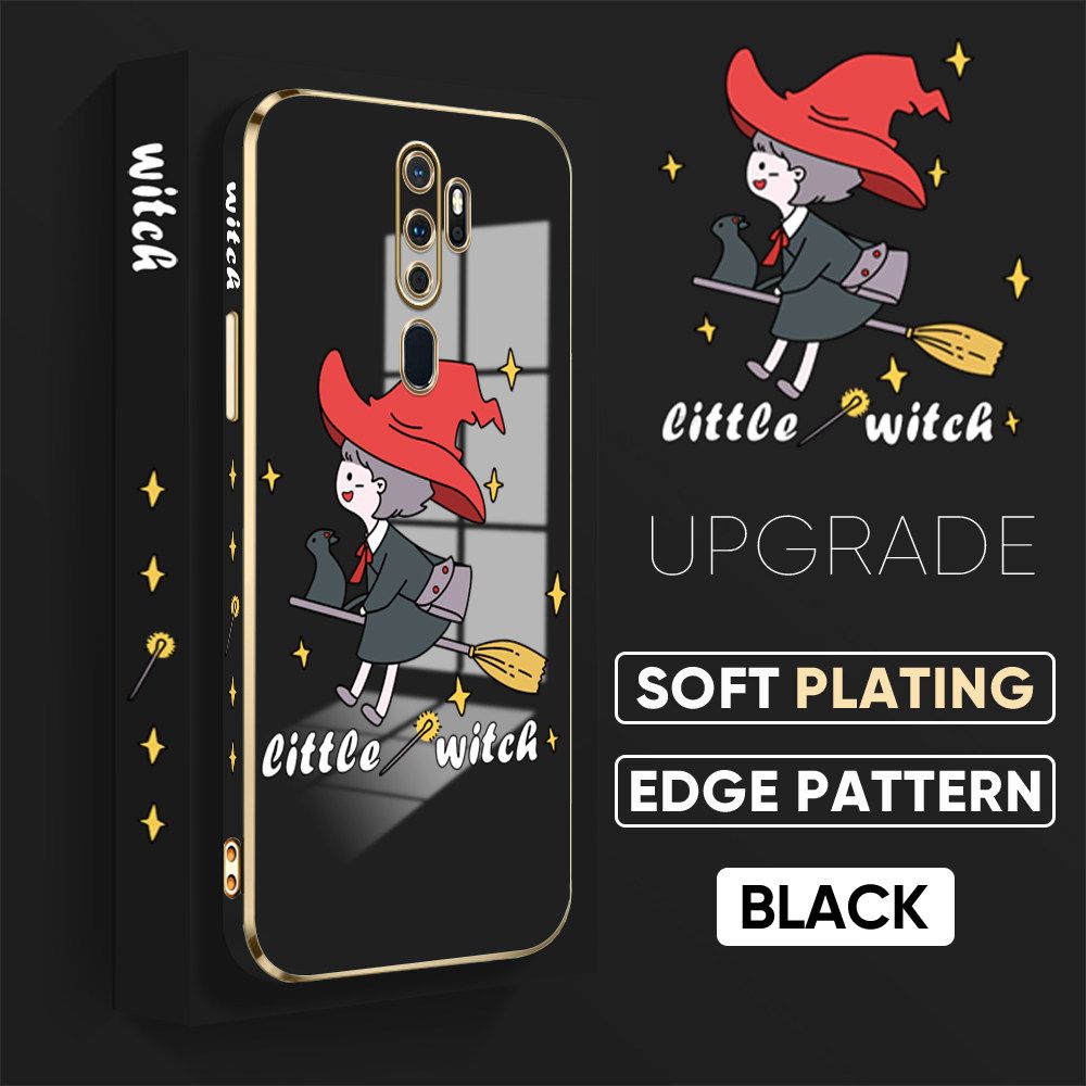 TA for OPPO A5 2020 / A9 2020 Back Cover + Free Lanyard Flying Witch for Girls Luxury 6D Plating Case Side Pattern Soft Silicone Square Phone Cases