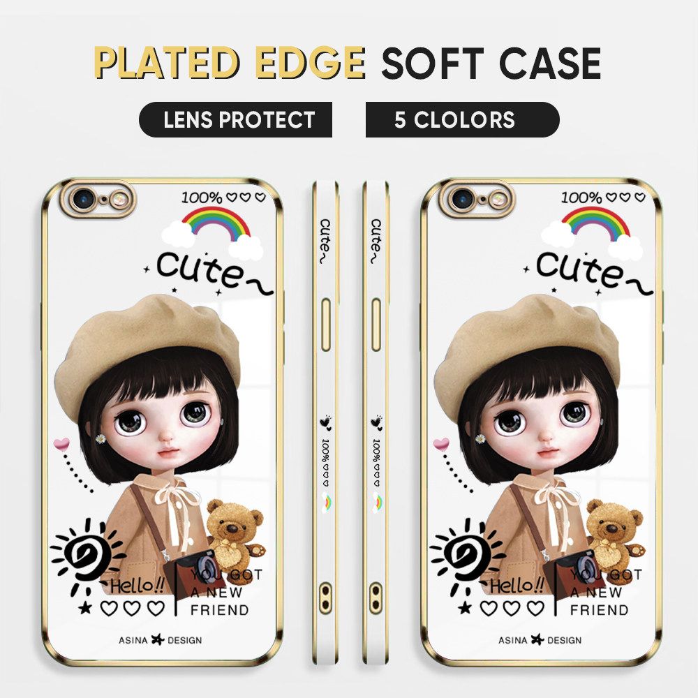 Luxury 6D Plating Case for iPhone 6 Plus Phone Cases Satchel Girl Side Print Soft Silicone Square Back Cover