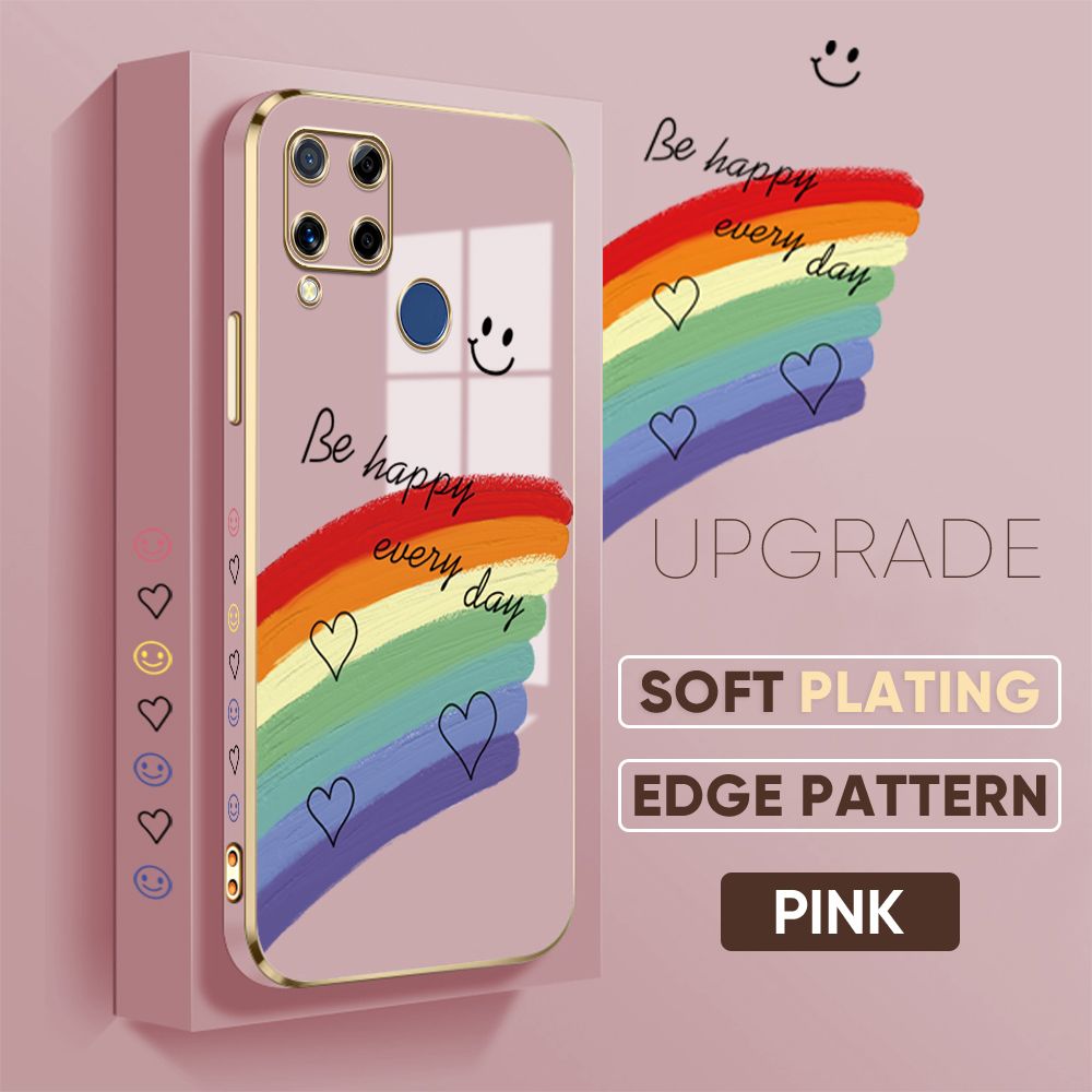 TA for Realme C15 / Realme C15 Qualcomm Edition Back Cover + Free Lanyard Rainbow Doodle Luxury 6D Plating Case Side Pattern Soft Silicone Square Phone Cases