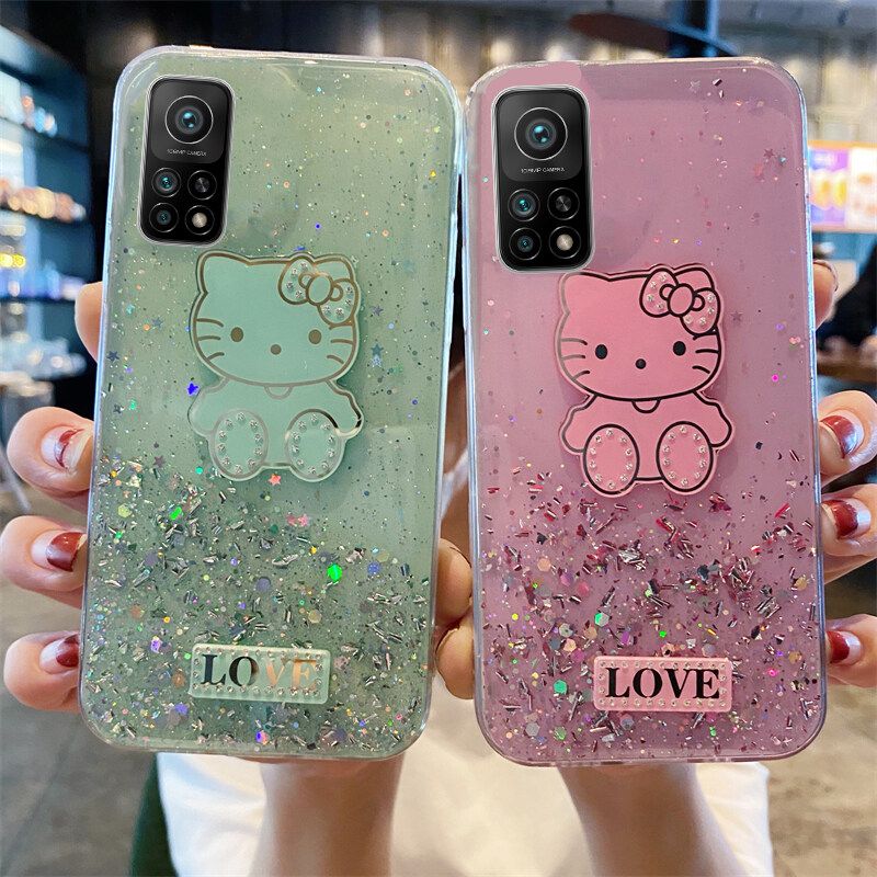 Phone case Xiaomi 10T Shiny Ring Case Glitter Soft Transparent Hello Kitty Cases For Xiaomi Mi 10T Back Cover Stars Moon Girls