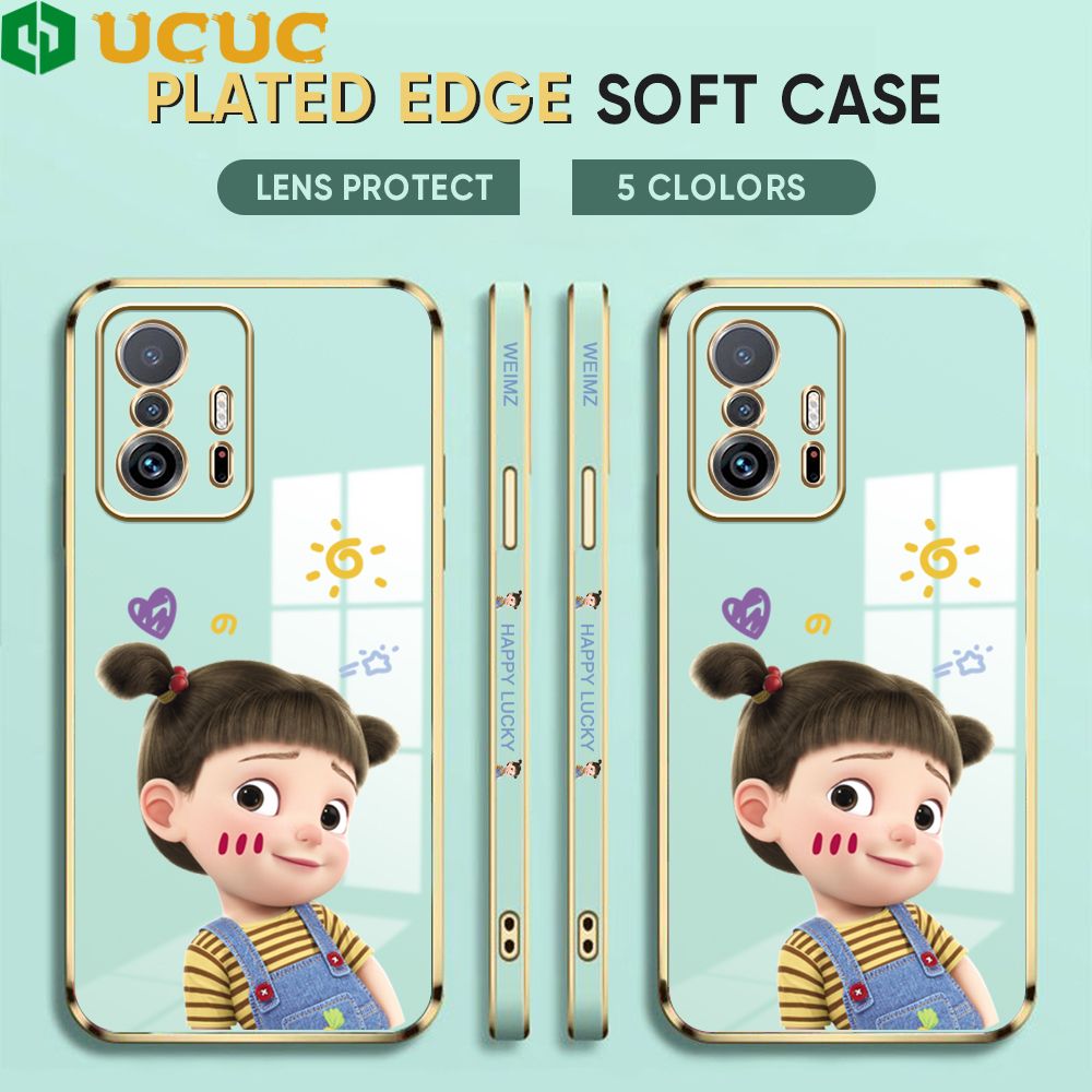 UCUC for Xiaomi 11T Pro / 11T Back Cover + Free Lanyard Lovely Girl Luxury 6D Plating Case Side Pattern Soft Silicone Square Phone Cases