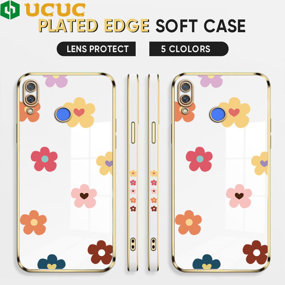 UCUC for Huawei Nova 3i P Smart Plus Back Cover + Free Lanyard INS Style Flower Luxury 6D Plating Case Side Pattern Soft Silicone Square Phone Cases