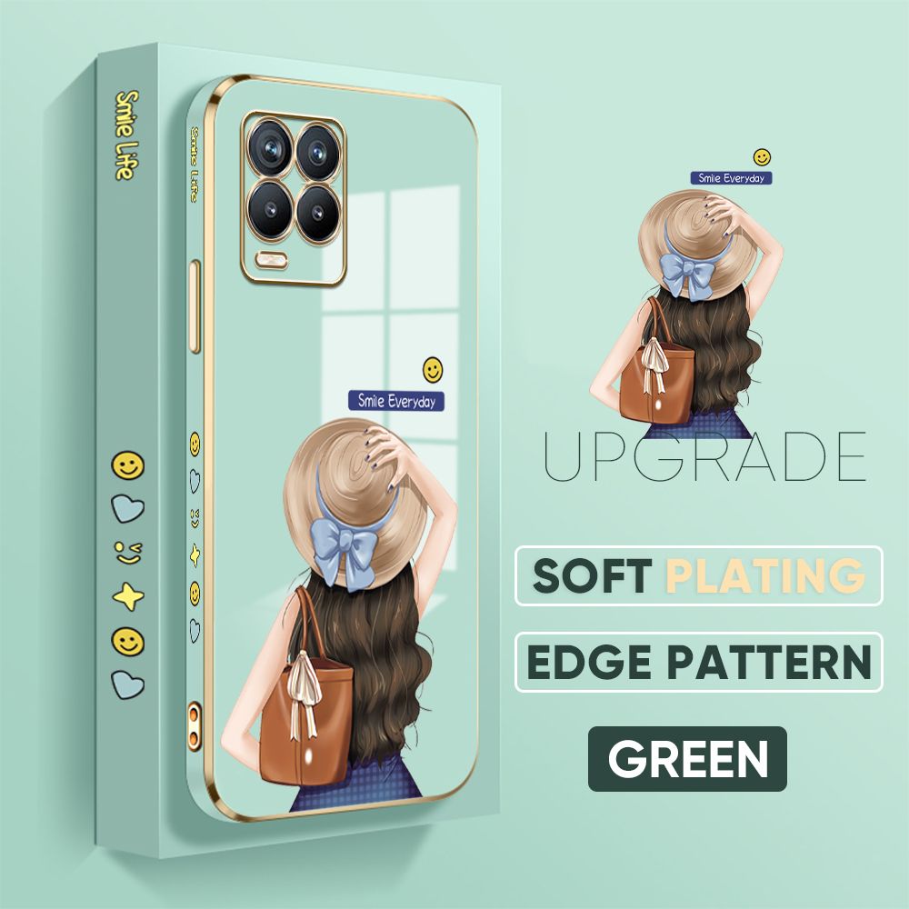 Jizetin (Free Lanyard) Realme 8 / Realme 8 Pro Back Cover Girl In Hat Luxury 6D Plating Case Side Pattern Soft Silicone Square Mobile Phone Cases