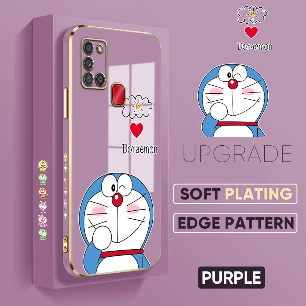 TA for Samsung Galaxy A21s Back Cover + Free Lanyard Sneak Doraemon Luxury 6D Plating Case Side Pattern Soft Silicone Square Phone Cases