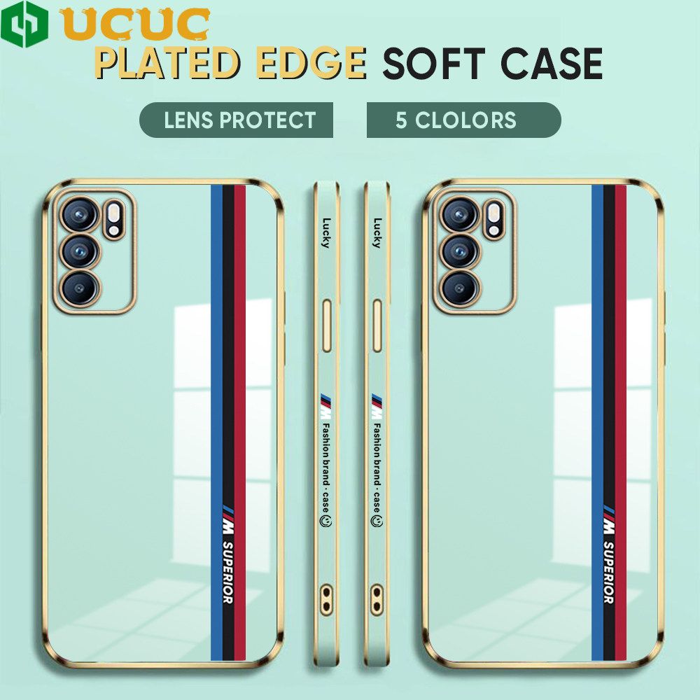 UCUC for OPPO Reno6 5G Back Cover + Free Lanyard Track Sign Luxury 6D Plating Case Side Pattern Soft Silicone Square Phone Cases