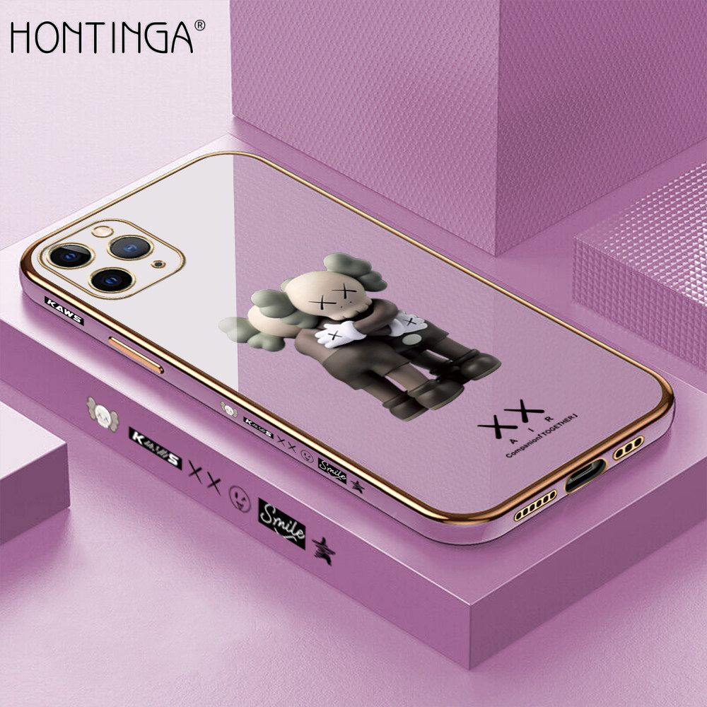 Hontinga for iPhone 11 Pro Back Cover + Free Lanyard Luxury 6D Plating Cartoon Hug bear Side Pattern Case Soft Silicone Square Mobile Cover