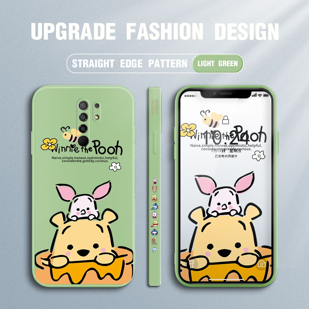 Jizetin for Xiaomi Redmi 9 Case Side Design Phone Cover Lovely Cartoon Pooh Bear Cover Square Edge Pattern Liquid Silicone Trend Case