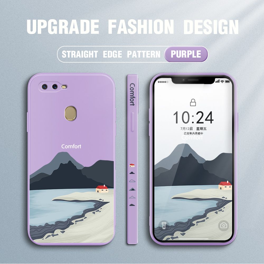 Jizetin for OPPO A7 Case Mount Fuji Design Side Design Phone Case Square Edge Pattern Liquid Silicone Cases Full Cover Camera Shockproof Protective Case