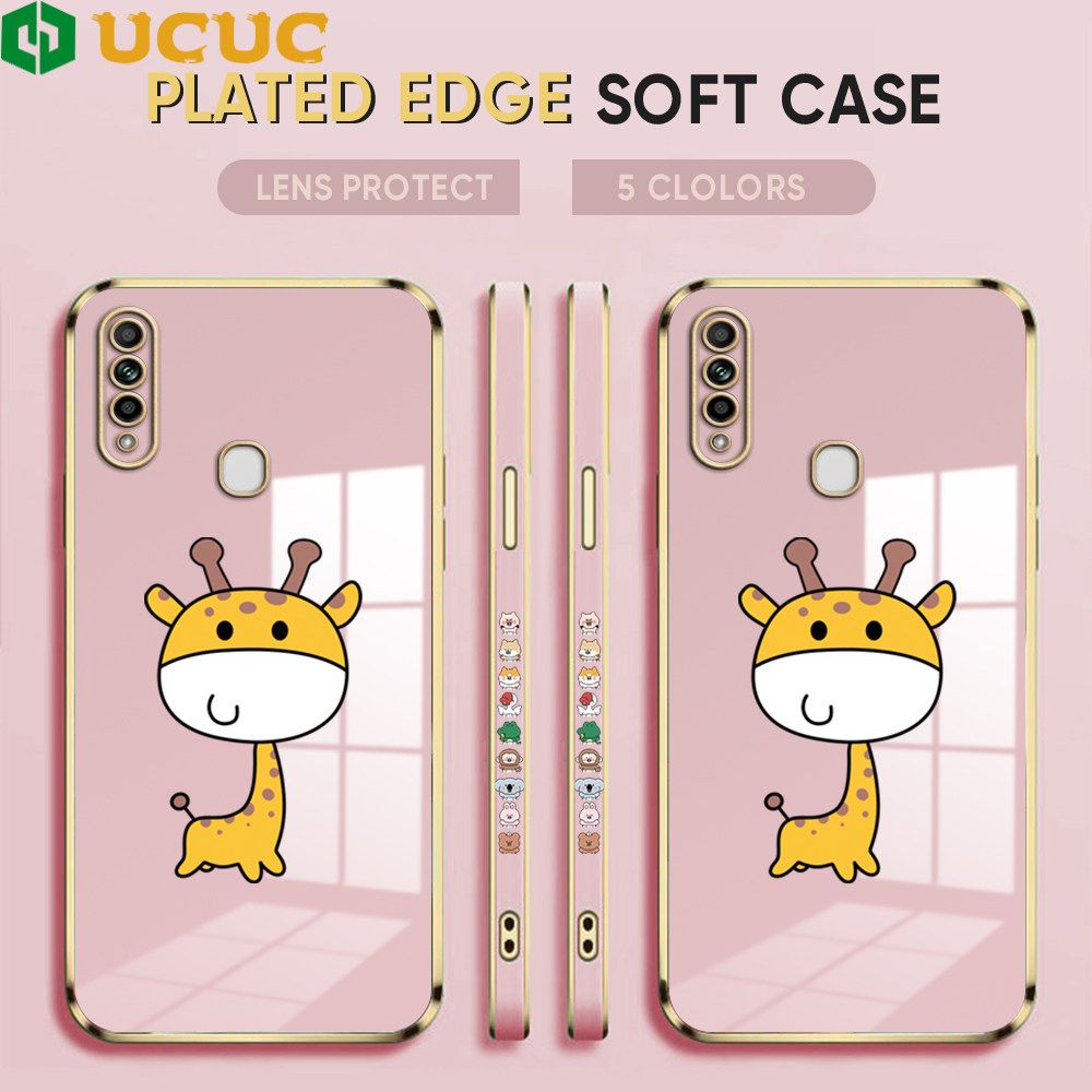 UCUC for OPPO A31 2020 Back Cover + Free Lanyard Big Head Giraffe Luxury 6D Plating Case Side Pattern Soft Silicone Square Phone Cases