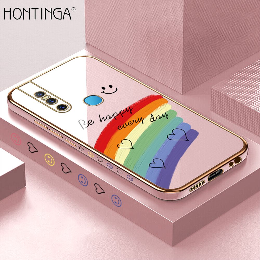 Hontinga for Vivo V15 Back Cover + Free Lanyard Luxury 6D Plating Smile Rainbow Side Pattern Case Soft Silicone Square Mobile Cover