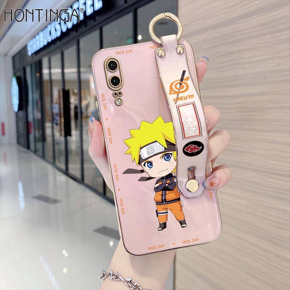 Hontinga for Huawei P20 Back Cover With Wristband Luxury 6D Plating Anime Naruto Uzumaki Case Soft Silicone Square Phone Cases