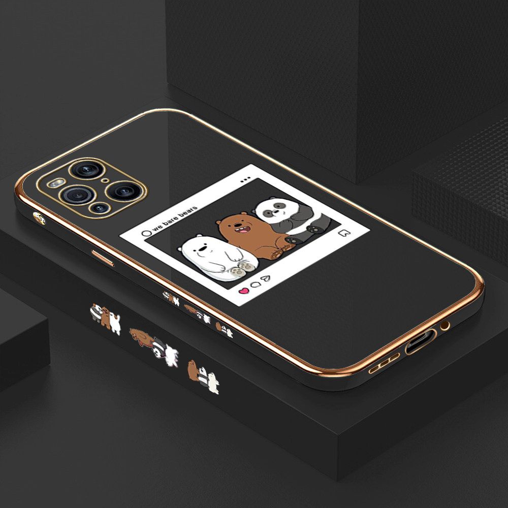 Luxury 6D Plating Case for OPPO Find X3 Cute Cartoon Anime Bears Side Pattern Back Cover Soft Silicone Square Frame Shiny Bling Phone Cases + Free Lanyard