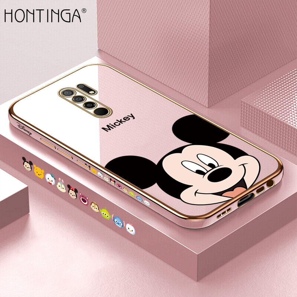 Hontinga for Redmi 9 Back Cover + Free Lanyard Luxury 6D Plating Cartoon Mouse Side Pattern Case Soft Silicone Square Mobile Cover