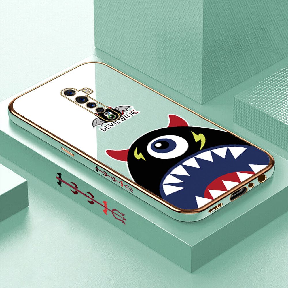 Luxury 6D Plating Case for OPPO Reno 2 Cartoon One-eyed Devil Wing Side Pattern Back Cover Soft Silicone Square Frame Shiny Bling Phone Cases + Free Lanyard