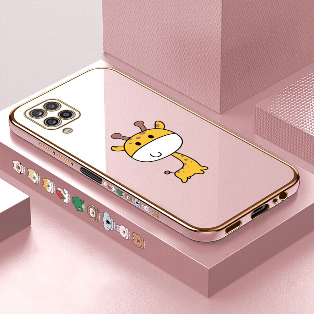 Luxury 6D Plating Case for Samsung M12 A12 4G/5G Cute Giraffe Side Pattern Back Cover Soft Silicone Square Phone Cases + Free Lanyard