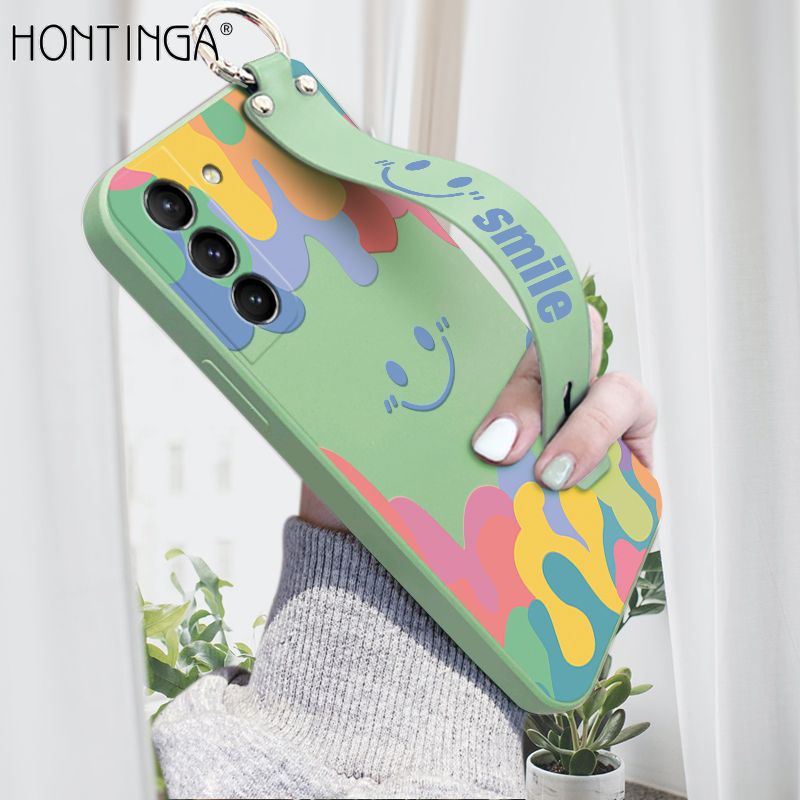 Hontinga for Samsung Galaxy S21 5G Wrist Strap Case Soft Candy Color Splash Ink Cover Trend Square Printed Pattern Liquid Silicone Phone Case