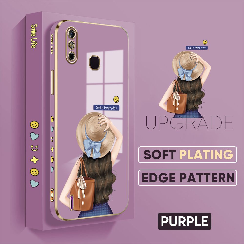 Jizetin (Free Lanyard) Infinix Smart 4 Back Cover Girl In Hat Luxury 6D Plating Case Side Pattern Soft Silicone Square Mobile Phone Cases