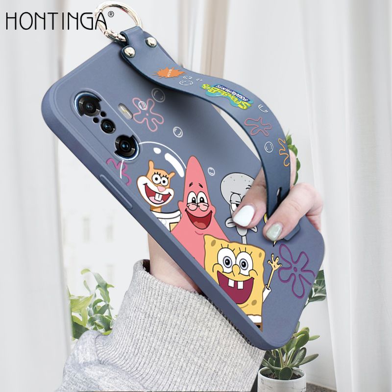 Hontinga for Xiaomi Poco F3 GT / Redmi K40 Gaming Wrist Strap Case Cute Funny Cartoon Sponge for Square Pants Cover Trend Square Printed Pattern Liquid Silicone Phone Case