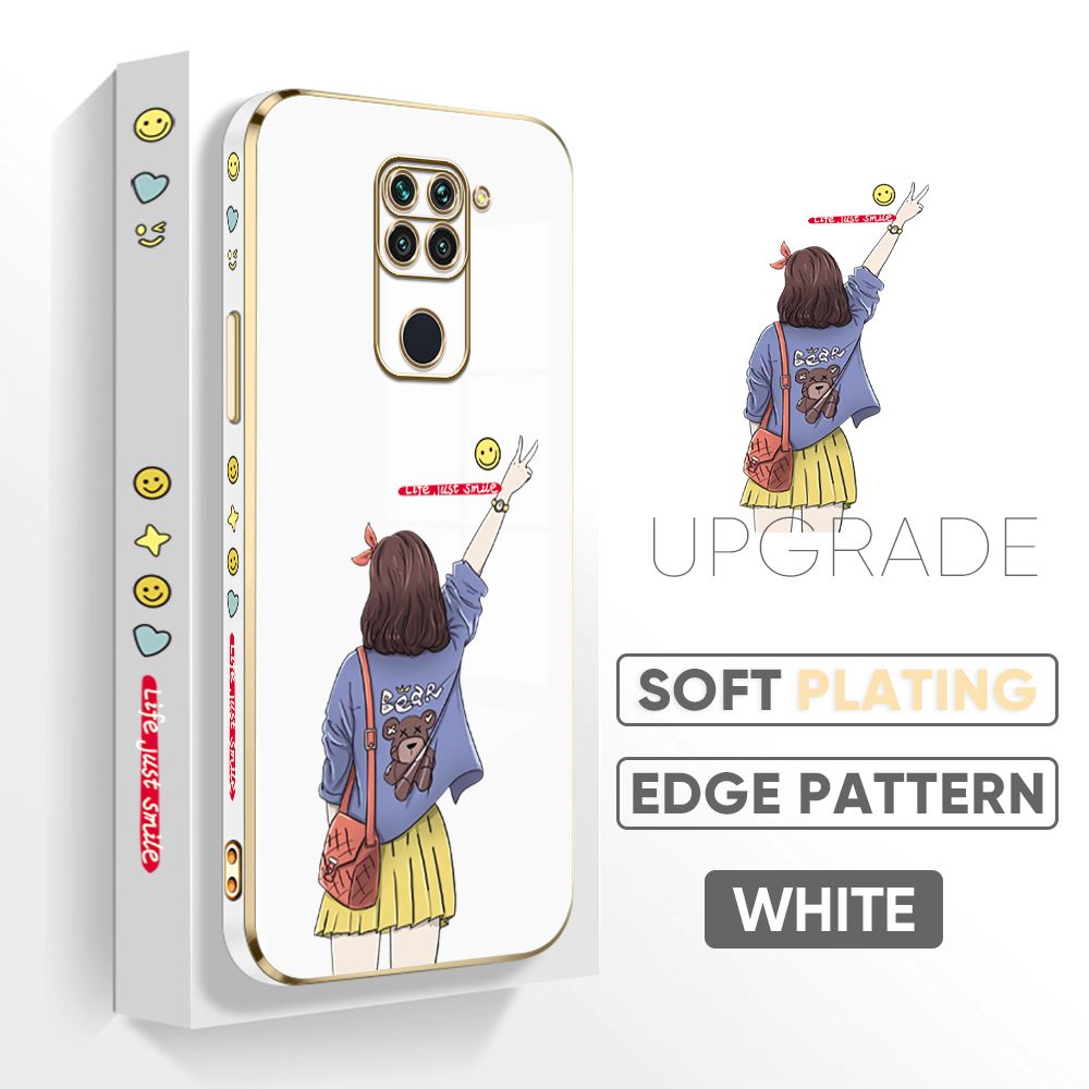 TA for Redmi Note 9 Back Cover + Free Lanyard Happy Girl Luxury 6D Plating Case Side Pattern Soft Silicone Square Phone Cases