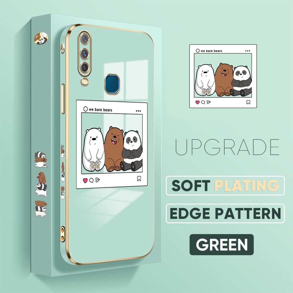TA for Vivo Y17 Y15 Y12 Back Cover + Free Lanyard Bears Group Photo Luxury 6D Plating Case Side Pattern Soft Silicone Square Phone Cases