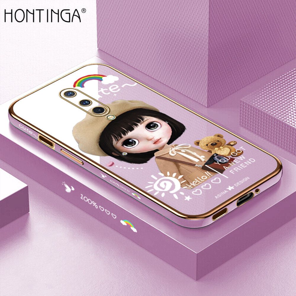Hontinga for OnePlus 8 Back Cover + Free Lanyard Luxury 6D Plating Cute Satchel Girl Side Pattern Case Soft Silicone Square Mobile Cover