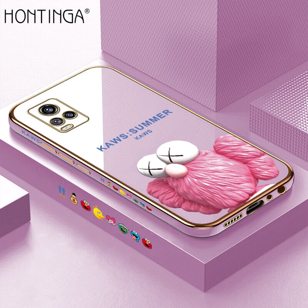 Hontinga for Vivo V20 / V20 2021 Back Cover Luxury 6D Plating Pink Doll Side Pattern Case Soft Silicone Square Phone Cases